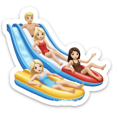 dark brown haired girl that’s pale and blonde haired girl and dirty blonde haired man and dark brown hair guy that has a bit longer hair just above his shoulders and is pale too on the lazy river water slide sticker
