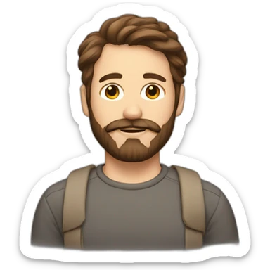 A guy with brown hair and a beard with a mustache sticker