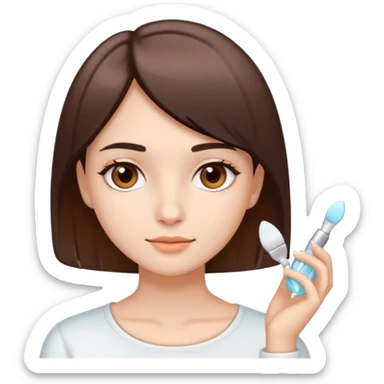 Uma menina de pele clara, cabelos curtos e lisos, com os olhos castanhos, fazendo skincare  sticker