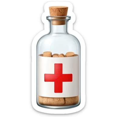 A glass medicine bottle with a cork top and red cross label sticker