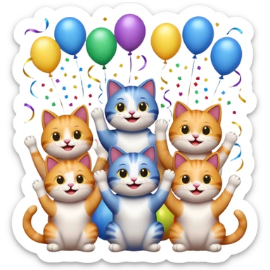 five cats celebrating and clapping for one cat, confetti and balloons, emoji style sticker