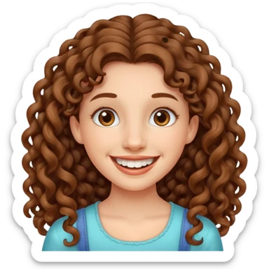 create a frontend girl that has an oval face and very very long brown curly hair and has bracesin her teeth and white sticker