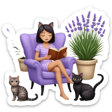 moji illustration, full body woman reading a book on a cozy armchair in a lavender garden, two separate cats next to her (one solid black cat, one brown tabby cat with stripes), small side table with coffee mug, soft peaceful vibe sticker