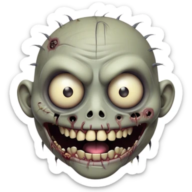 Cinematic Comical Zombie Portrait Emoji, with a grotesquely exaggerated yet playful decaying face in muted ashen tones, head cocked in a dramatically shocked expression with wildly comical, googly eyes and a gaping, silly grin revealing quirky stitches, simplified yet hilariously expressive, highly detailed with a soft eerie glowing outline capturing the absurd humor of a zombie in comic disbelief! sticker