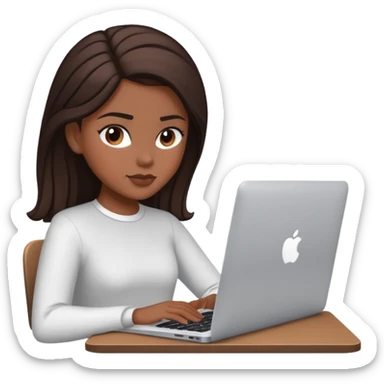 White girl with dark brown square hairstyle & brown eyes working on macbook sticker