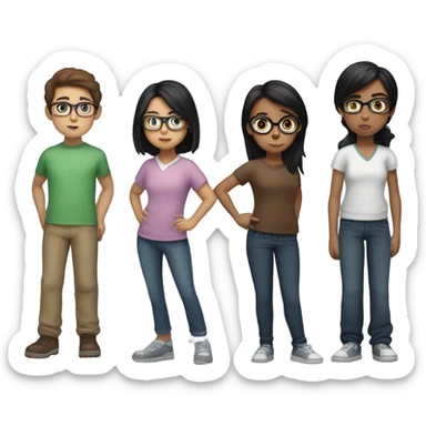 2 brown haired girls, a black haired girl with glasses, a black haired short boy and a brown haired boy, all lunging to the side sticker