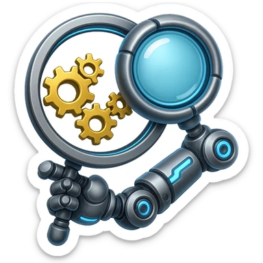 Make this magnifying glass look robotic with metallic textures, robotic joints, and glowing blue accents. Keep the emoji style and no background. sticker