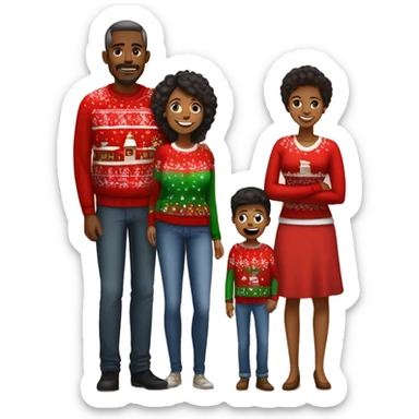 A Black family of four members with Dad, Mom, Son, and Daughter. The son stands next to Mother. The Daughter stands next to Father. All family members are wearing Christmas sweaters and Santa hats.  sticker