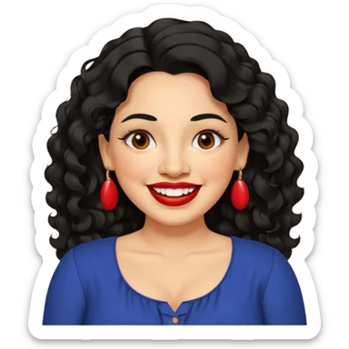 40 yr old Mexican woman, slightly chubby, wavy/curly long black hair, red lipstick, big smile, white teeth, brown eyes, hoop earings, side part to hair, round face, nice blouse, no wrinkle hair side swept, big hoop earing sticker