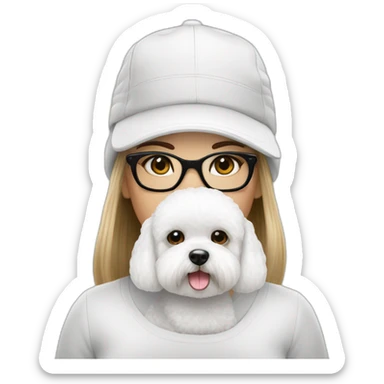 mujer piel blanca pelo largo negro gorro gafas y perro bichon blanco sticker