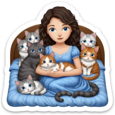 detailed realistic looking a dark grey and white cat regally laying with six other cats, cuddling with their owner in bed who is a pretty bratz lightly tanned white girl with long dark brown hair, blue eyes and gorgeous long wavy hair wearing a pretty detailed dress sticker
