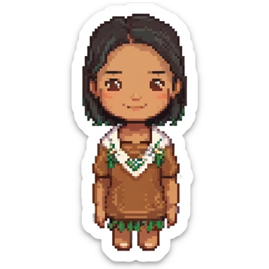 brown Samoan skinny girl with slight Chinese features, black short hair just below the shoulders, subtle smile, pixel art style sticker