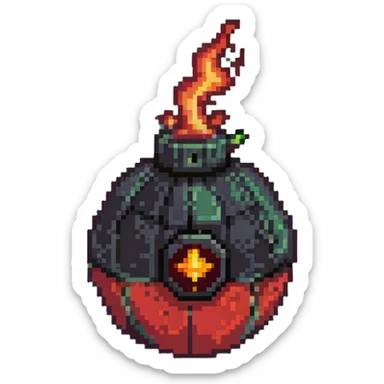 Red digital bomb with flame-shaped fuse at the top, round black bomb body with red accents, pixel art style sticker