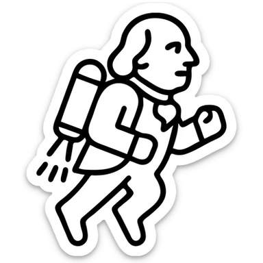 Ben Franklin wearing a jetpack, flat icon style, black outline, no fill, suitable for a startup logo sticker