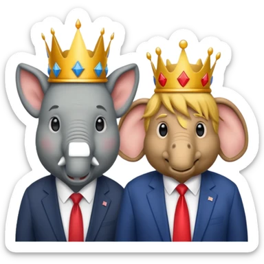 Democratic Party elephant facing Republican Party donkey with face of Donald Trump wearing a crown in between them sticker