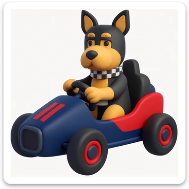 Change the racecar to dark blue and red, keep the black and tan terrier driving. The style is microsoft style 3d fluent emoji style. sticker