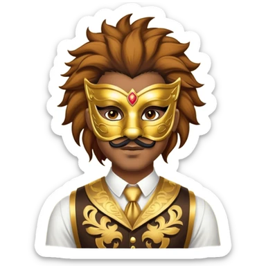 a man, with a vest,  wear half-face golden Lion masquerade mask sticker