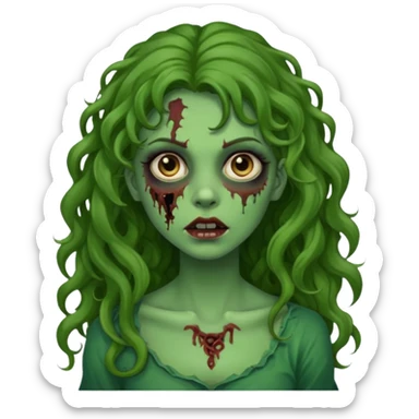 faça uma garota zombie, com a pele verde, cabelo castanho cacheado abaixo do ombro linda sticker