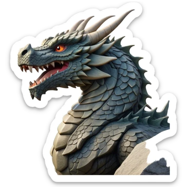Cinematic Noble Giant Rock Dragon Portrait Emoji, Poised and awe-inspiring, with a massive, rugged form carved from ancient stone, featuring intricately textured scales that resemble weathered granite and basalt, and piercing, stony eyes echoing the strength of timeless mountains; rendered with lifelike detail and earthy natural highlights, high shine, formidable and grounded, styled with an aura of primordial majesty, focused and resolute, soft glowing outline, capturing the essence of an enduring rock titan ready to surge from the screen with ageless power! sticker