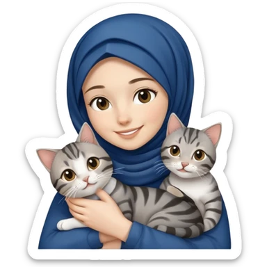 White girl wearing dark blue hijab with white shirt smiling while holding a black grey tabby cat sticker