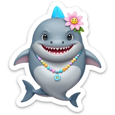 A cute chubby shark with pastel flower necklace, posing proudly. sticker