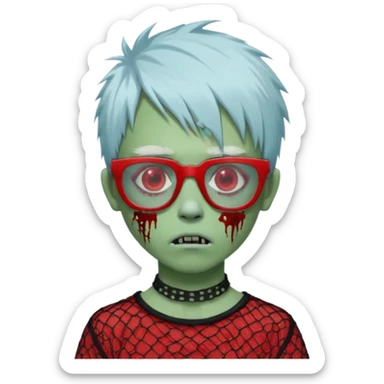 White hair, Ghoulia yelps monster high doll in scene/emo style cherry print dress with fishnet sleeves, clothes, thin, small, red, rectangle glasses, pale white-blue skin, pale-green shaggy short hair , zombie scars , boy, punk choker sticker
