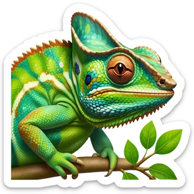 giant-chameleon-realistic emoji,-blending-with-vibrant-greenery.-detailed-scales-in-shifting-colors,-showing-the-chameleon’s-ability-to-camouflage.-soft-natural-light-highlights-its-texture.-nature-background, zoomed into its face sticker
