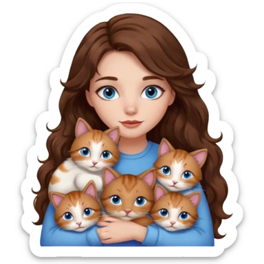 girl with long wavy brown hair, blue eyes, long lashes makeup, cuddling with 6 cats sticker