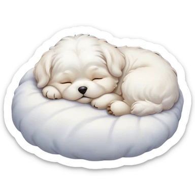 Cinematic Chubby Sleeping Wavy-Haired Maltese dog Portrait Emoji, Chubby and serene, with a round, adorable build and a soft, wavy-haired white coat, eyes gently closed in peaceful slumber, Simplified yet irresistibly endearing features, highly detailed, glowing with a gentle, dreamy glow, high shine, relaxed and content, stylized with a touch of whimsy, bright and heartwarming, soft glowing outline, capturing the essence of a blissfully sleepy companion, so comically serene it feels like it could roll out of the screen and snore with adorable charm! sticker