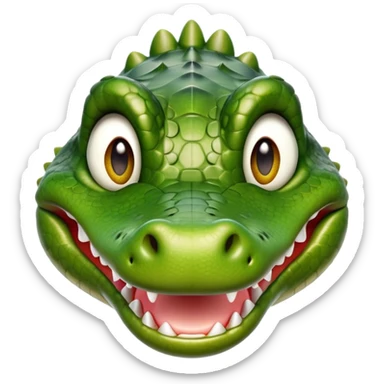 Cinematic Realistic Cute Crocodile Portrait Emoji, Head tilted playfully and inquisitively, featuring a robust, well-defined build with intricately detailed, glossy olive-green scales and a surprisingly endearing face with round, sparkling eyes full of unexpected charm, rendered with lifelike texture and natural highlights, high shine, affectionate and spirited, styled with a touch of wild whimsy, soft glowing outline, capturing the essence of a mischievous yet lovable crocodile that seems poised to snap playfully out of the screen into your arms! sticker