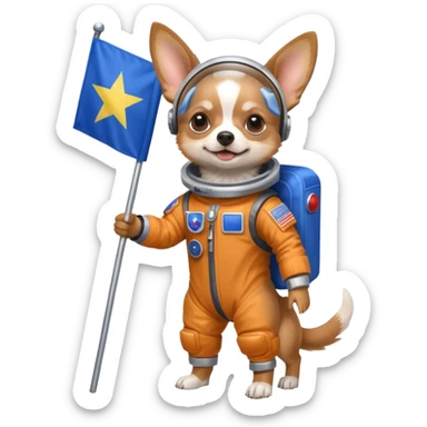 a chihuahua dog in space suit, holding blue rectangle flag, full body, front view sticker