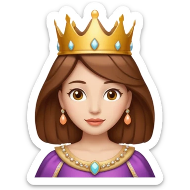 vull un perosnatge estil bimoji que sigui una figura radiante y serena. Se la describe como hermosa y deseable. Cabello castaño y labios carnosos y de un color meocoton, ojos color miel y una vestimenta digna de la realeza, sin olvidar su corona sticker