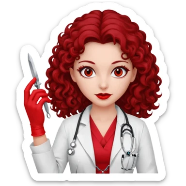 Lilith scalpel in hand, evil surgeon red outfit.  She has red eyes. She has dark brown long curly hair. Wears sexy doctor outfit with red gloves sticker