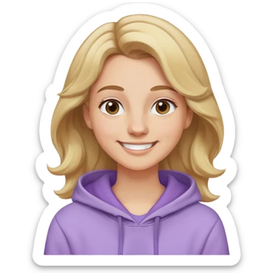 Mujer caucasian, cara redonda, cejas suaves, pelo ondulado castaño claro con puntas rubias, raya al lado. Sonrisa amplia, expresión feliz. Hoodie lila claro puesta sticker