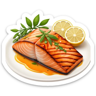 Cinematic perfectly grilled salmon, rich orange hues with crispy skin, garnished with fresh herbs, drizzled with lemon, ultra-detailed and delicious. sticker