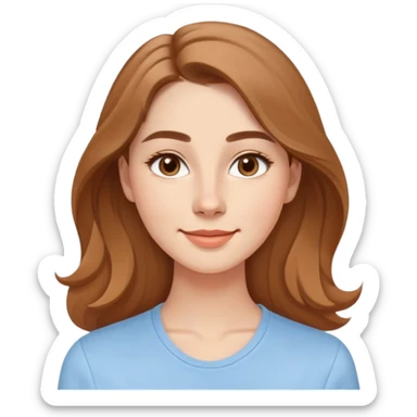 Young adult woman with oval delicate face, soft features, fine jawline, bright friendly smile, large expressive light brown almond eyes, medium arched eyebrows, proportional nose, defined lips, long light brown hair with gentle waves, wearing a casual feminine-cut light blue shirt sticker