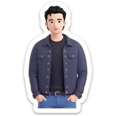 3D emoji style Microsoft, young man with black hair, wearing black t-shirt and black denim jacket, based on photo reference, slight shadow on face sticker