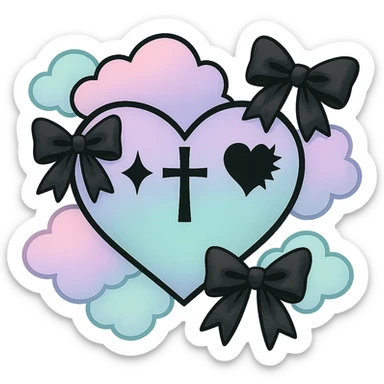 Remove the background, keep the pastel goth heart with pastel clouds and black bows, transparent background. sticker