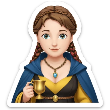 Helga Hufflepuff, blue eyes, brown-haired, two brown braids, yellow-black medieval dress, black cloak decorated with gold braiding, tiny gold cup with two handles, very kind smile, curvy busty sweet woman, macromastia, thick round rosy cheeks, gold pendant with round black stone sticker