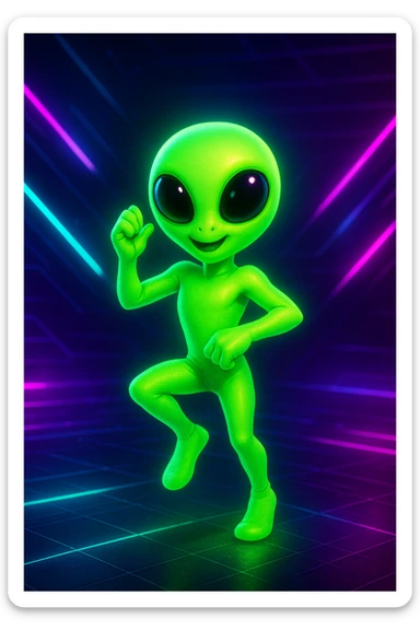 An alien dancing in neon green with large eyes, in a futuristic style and a different pose. Emphasize the large eyes and futuristic neon green look. sticker
