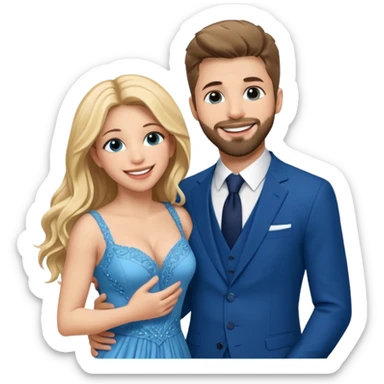 Shakira with blue eyes and her husband  Gerard pique with blue eyes  holding her in his arms. They both laugh at each other. Its beautiful and romantic. Also their outfits are very elegant  sticker