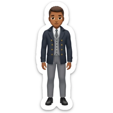 Handsome Black guy with brown skin tone, with lean muscular build, wearing gray slacks, a long sleeved white button up top, black shoes, and a black pea coat  sticker