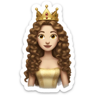 Queen with a crown, pale skin, long brown curly hair sticker