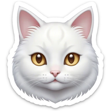 Cinematic Cute White Cat Portrait Emoji, Head tilted with a soft, gentle smile and sparkling eyes, featuring a silky, pristine white fur with subtle silver highlights, simplified yet irresistibly adorable, highly detailed, glowing with a warm, snowy glow, high shine, radiating affectionate charm and tender grace, styled with a light, playful outline, capturing the essence of a cute white cat that looks as if it could melt your heart with a single blink! sticker