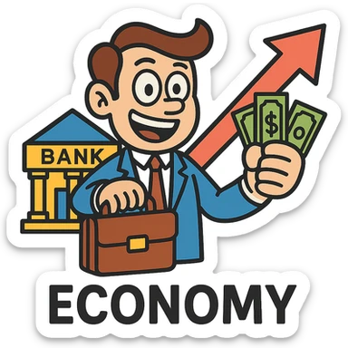 Add a cartoon bank building to the economy icon, keep the style consistent with lineal color icon with black outlines and transparent background. sticker