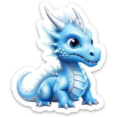 Cinematic Cute Beautiful Ice Dragon Portrait Emoji, Head tilted playfully and inquisitively, featuring a sleek, glacial form with intricately detailed, frost-kissed scales in shimmering blues and sparkling silver, accented by delicate ice crystal patterns and a gentle, enchanting glow; rendered with lifelike clarity and soft, natural light, high shine, charming and cool, styled with a touch of wintry fantasy, soft glowing outline, capturing the essence of a mischievous yet endearing ice guardian poised to twirl playfully into your dreams! sticker