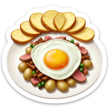 hash of potatoes, onions, and meat with fried egg sticker