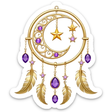 Epic beautiful gorgeous cute gold suncatcher, threads with shiny sparkly amethyst gemstones, flowers, crescents-moons, stars, gold Feathers  sticker