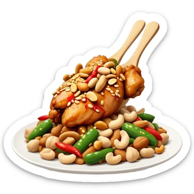 Cinematic Realistic Kung Pao Chicken Dish Emoji, showcasing spicy, stir‚Äêfried chicken with peanuts and vegetables rendered with dynamic textures and vibrant lighting. sticker