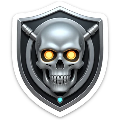 Futuristic shield badge, metallic tubes entwined, skull center, dark anime 90s style, no background sticker